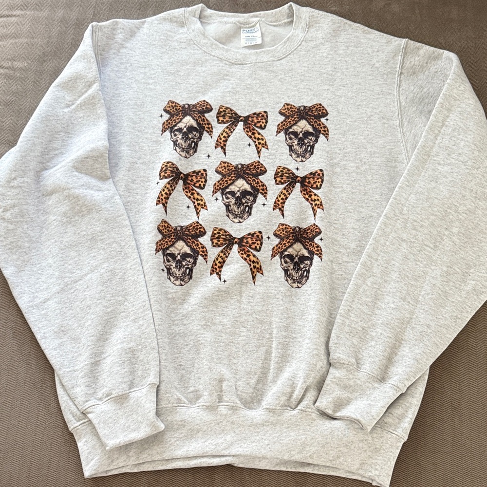 Skull and Leopard Bows Heather Grey Sweatshirt - NEW!